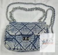 NEW Quilted Denim Chain Shoulder Crossbody Bag, Blue White Tie-Dye, Turn-Lock Closure, 10.5"