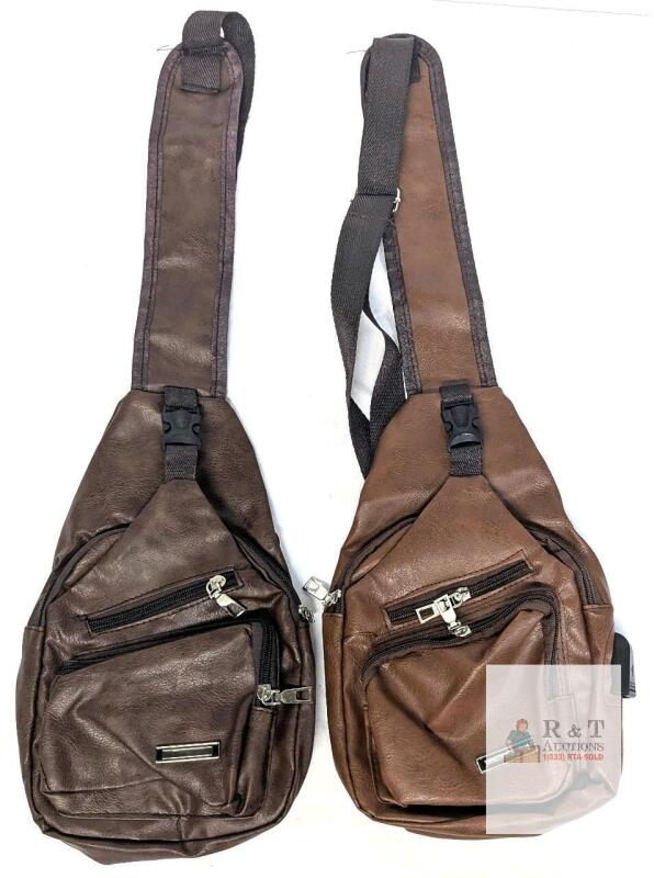 Pair of Brown PU Leather Crossbody Sling Bags, Adjustable Straps, Multiple Compartments