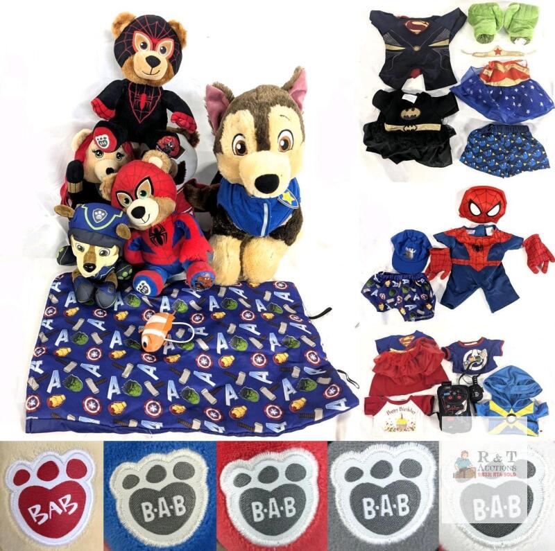 Build-A-Bear Lot: 5 Plush Toys w/ Spider-Man, Paw Patrol Chase, Marvel & DC Costumes, Accessories