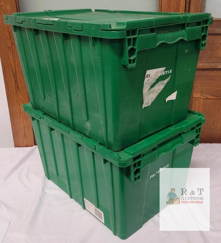 2 PROGISTIX Industrial Green Attached Lid Totes 24"x16"x12" &ndash; Lot of 2, Stackable Storage Bins