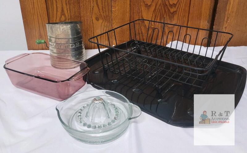 KITCHEN LOT Vintage Victor Metal Sifter, Anchor Hocking Glass Loaf Pan, Citrus Juicer, Dish Rack Set