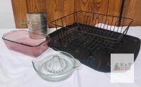 KITCHEN LOT Vintage Victor Metal Sifter, Anchor Hocking Glass Loaf Pan, Citrus Juicer, Dish Rack Set