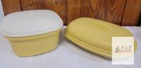 Vintage Tupperware Yellow & White Microsteamer Set &ndash; 2.75 Qt Each, 2 Strainers, Vented Lids