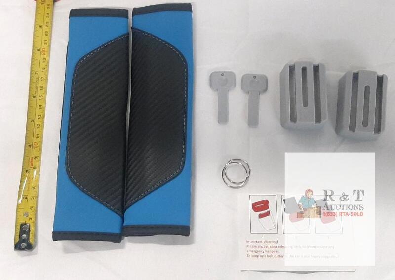 Universal Car Seat Belt Comfort Kit: 2 Blue/Black Shoulder Pads + Emergency Release Tools Set