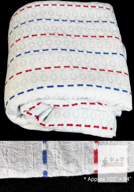 White Woven Hospital Blanket 102" x 84" Red & Blue Stripe, Full/Queen, Cotton Blend, Thermal
