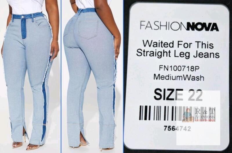 NEW Fashion Nova Waited For This Straight Leg Jeans, Size 22, Medium Wash, Contrast Panel, FN100718P
