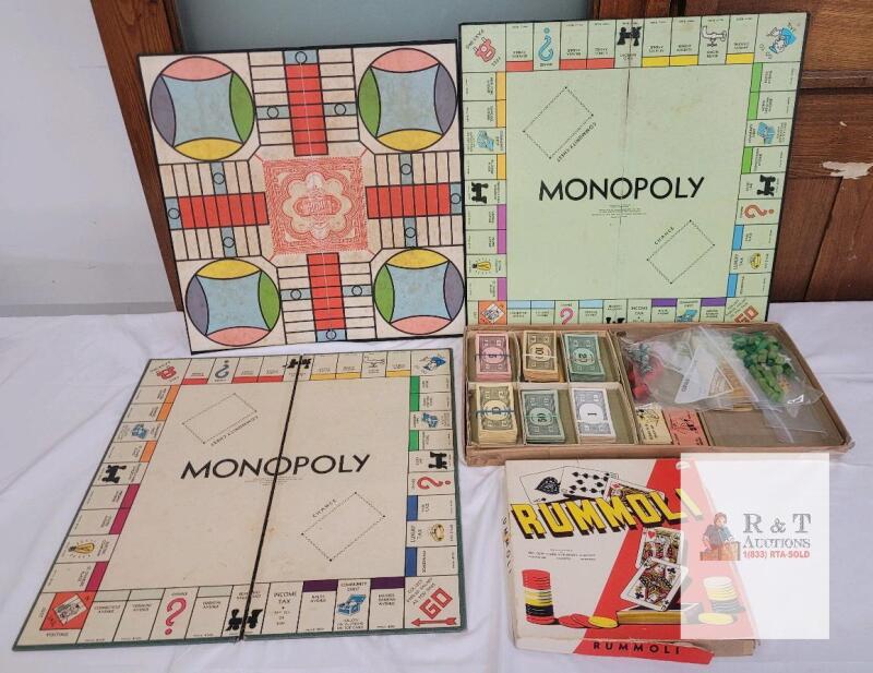 Vintage Monopoly by Parker Brothers, 1940 Rummoli Copp Clark, Parcheesi-Style Game Set