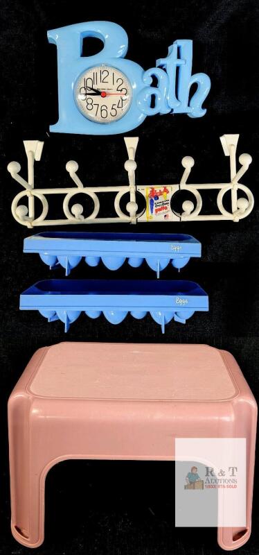 Vintage 70s Plastic Bath Wall Clock, Egg Trays, Pink Step Stool & Coat Rack Pastel Home Set