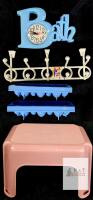 Vintage 70s Plastic Bath Wall Clock, Egg Trays, Pink Step Stool & Coat Rack Pastel Home Set