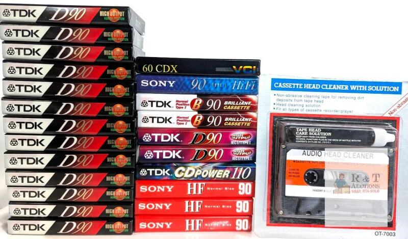 TDK & Sony Cassette Tape Lot: D90, B90, CDPower, HF 90/110 Min, VCI 60, Head Cleaner OT-7003