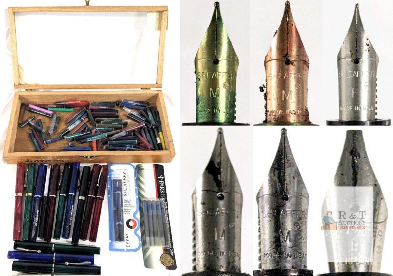 Sheaffer & Parker Fountain Pen Collection, Pens, Assorted Nibs & Cartridges, Wood Box