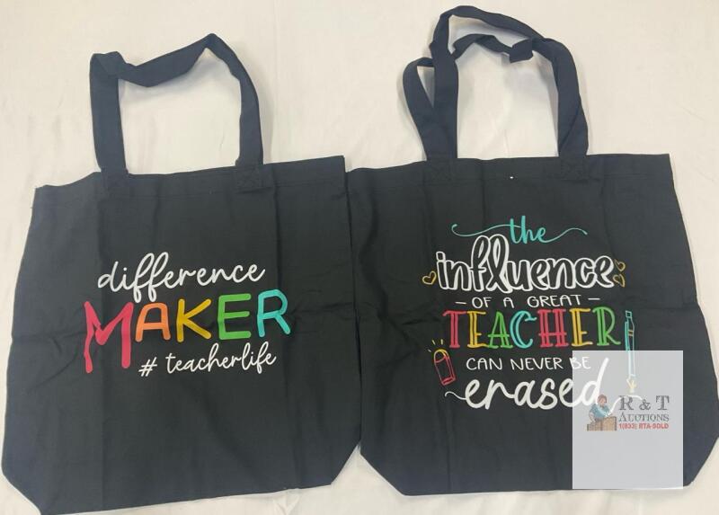 2 NEW Caraknots Teacher Tote Bag Set, Motivational Prints, Black Canvas, 15"x16", Gift for Teachers