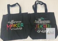 2 NEW Caraknots Teacher Tote Bag Set, Motivational Prints, Black Canvas, 15"x16", Gift for Teachers