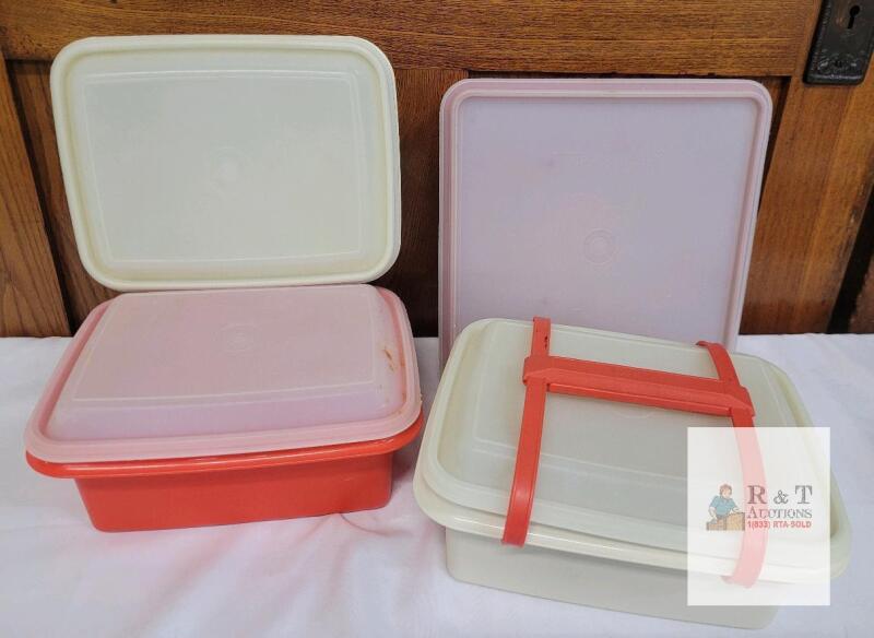 Vintage Tupperware 514-5 Red & White Rectangular Storage Containers with Lids & Handle, 1.35 Gal