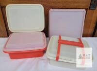 Vintage Tupperware 514-5 Red & White Rectangular Storage Containers with Lids & Handle, 1.35 Gal
