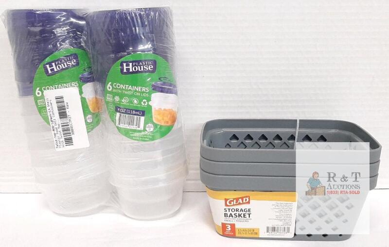 NEW 12 Plastic House 4 Oz Food Storage Containers & Glad Small Storage Baskets 3 Pack
