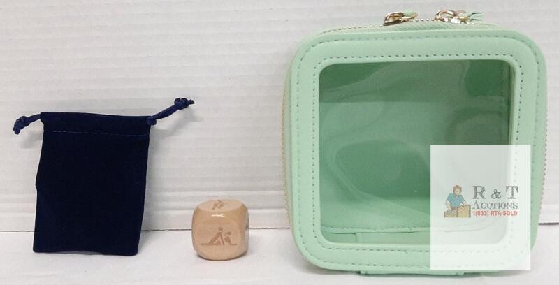 NEW Mint Green PU Leather Zipper Cosmetic Case with Erotic Position Wooden Dice & Velvet Bag, 4.25"x4.25"