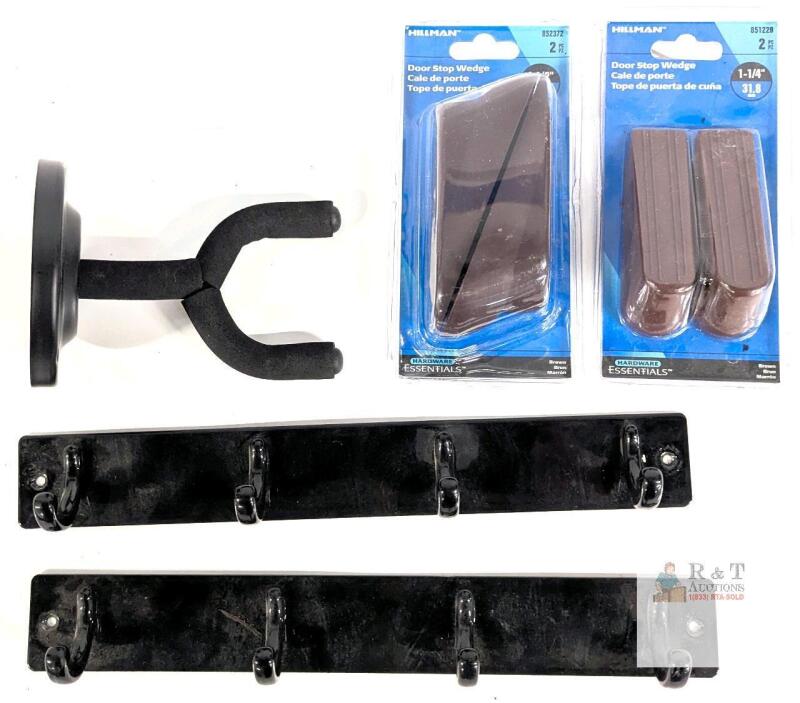 Mixed Hardware Lot &ndash; 2 Wall Mount 4-Hook Racks, Foam Padded Hanger, Hillman Door Stop Wedges
