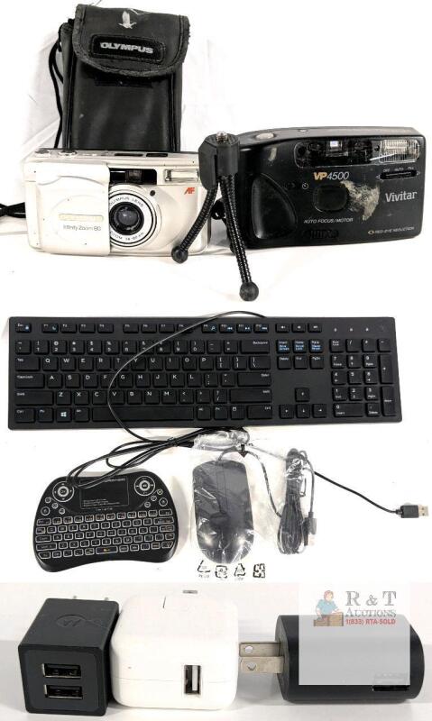 Olympus Infinity Zoom 80 & Vivitar VP4500 Film Cameras, Dell KB216t Keyboard, 3 USB Adapters Bundle