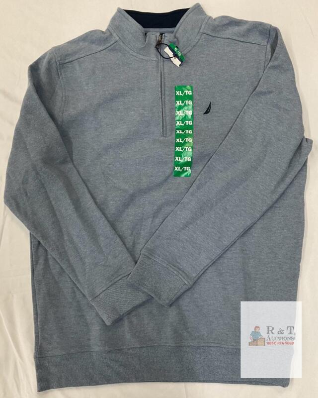NEW Nautica Men&rsquo;s XL Quarter-Zip Pullover Sweatshirt, Light Blue/Grey, Classic Fit, Logo Chest