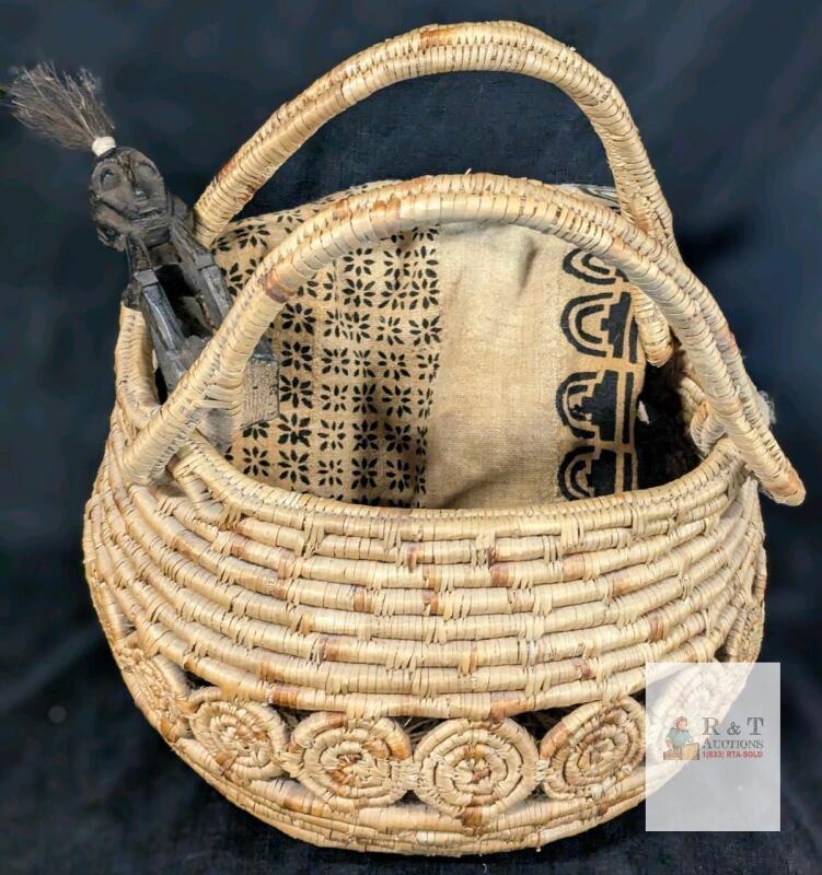 African Handwoven Double-Handled Basket, Tribal Raffia Textile, Handcarved Wooden Figure Set