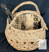 African Handwoven Double-Handled Basket, Tribal Raffia Textile, Handcarved Wooden Figure Set