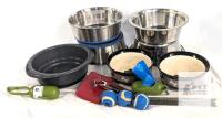 Durapet 9" Stainless Steel Dog Bowls, PetRageous Ceramic 6.7" Bowls, Dog Toys & Accessories Lot