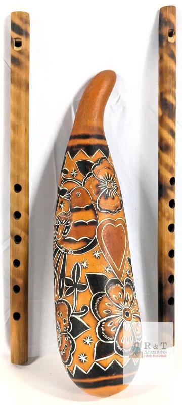 Aarong Bangladesh Bamboo Flute (2) & Hand-Carved Gourd Guiro Percussion Set &ndash; 15" Flutes