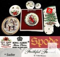 Royal Albert Christmas Collector Plates, Trinket Jars & Spode Oven Mitt, England Bone China Lot