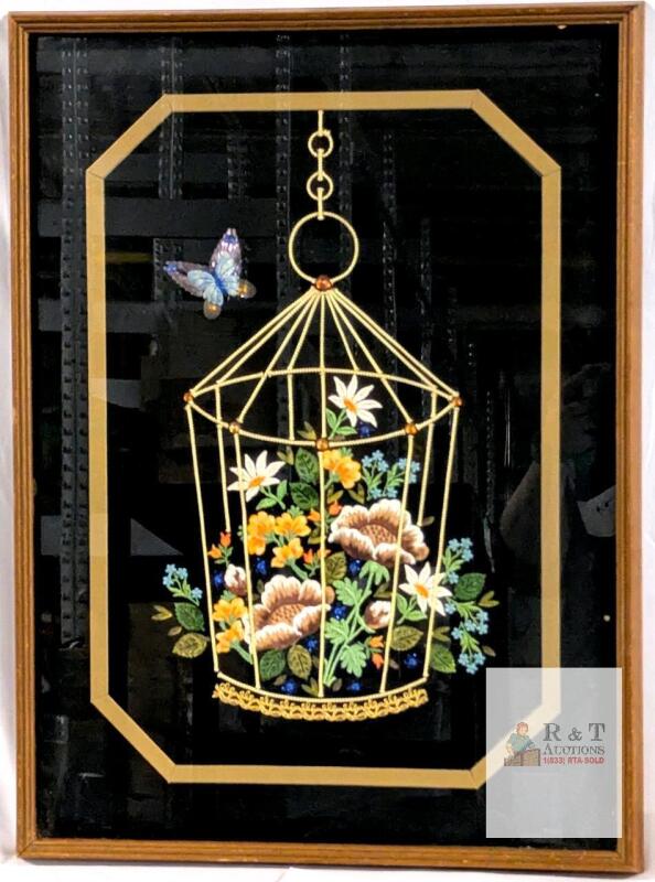 Vintage Asian Silk Embroidery Art, Birdcage with Flowers and Butterfly, Framed 24"x18"