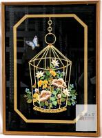 Vintage Asian Silk Embroidery Art, Birdcage with Flowers and Butterfly, Framed 24"x18"