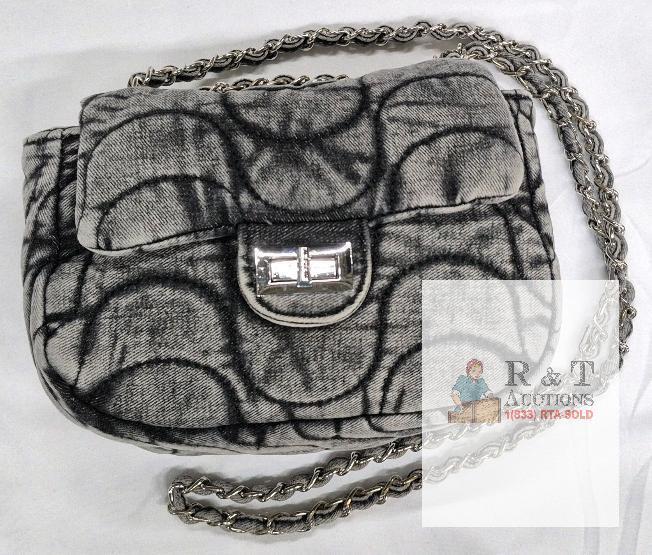 NEW Denim Flap Shoulder Bag, Silver Chain Strap, 10"x6"x3" Black/Grey