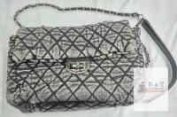 NEW Quilted Shoulder Bag, Silver Chain Strap, Geometric Black/Grey, 13.5" x 9" x 5" with Turn-Lock