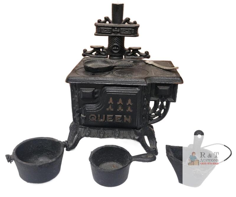 Antique Queen Cast Iron Toy Stove with Pots, Skillet & Utensils, Kenton, c.1920s, 6" Tall