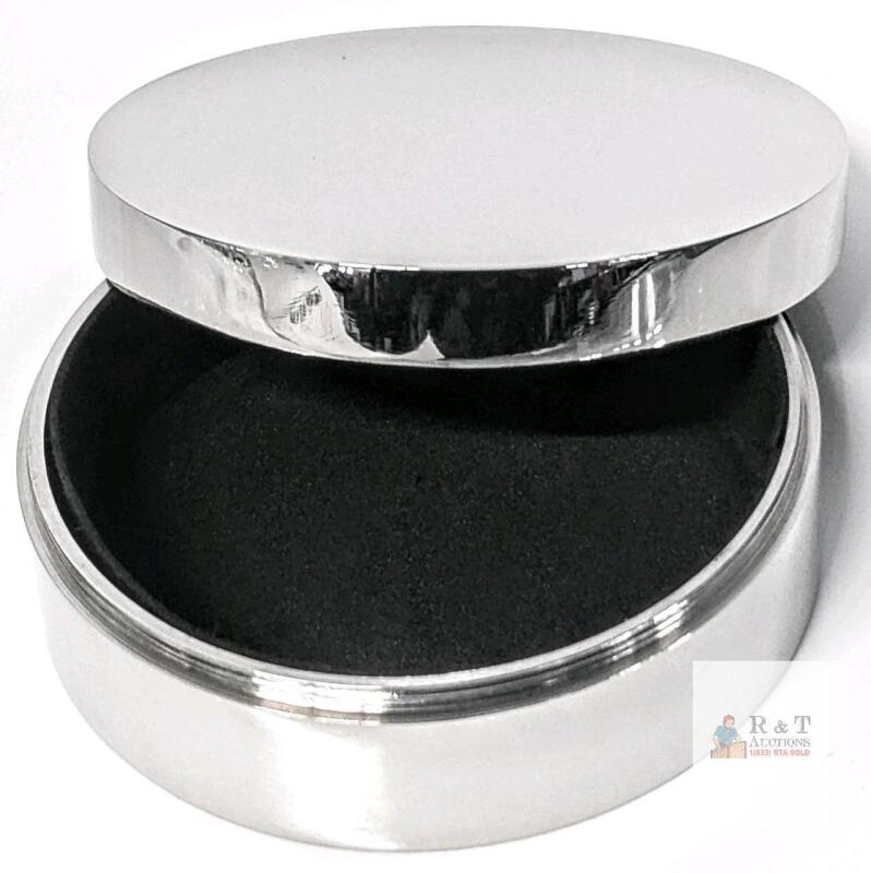 New Round Chrome-Plated Jewelry / Trinket / Rosary Box With Screw-On Lid, Mirror-Finish With Lined Interior, 3" Diameter &times; 1.25" Tall