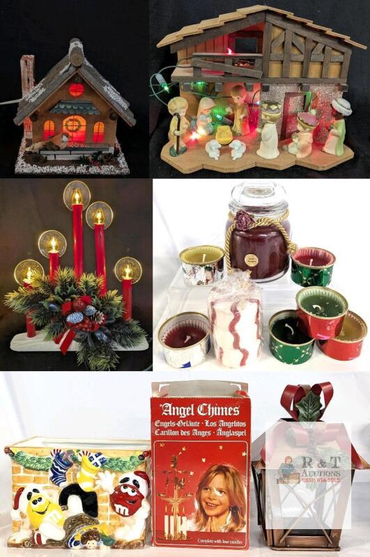 Vintage Christmas D&eacute;cor Lot: Illuminated Nativity, M&M Planter, Angel Chimes, Candle Lantern