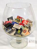 Vintage Matchbook Collection in Large 10.5" Brandy Snifter Display - 1970s-90s Variety