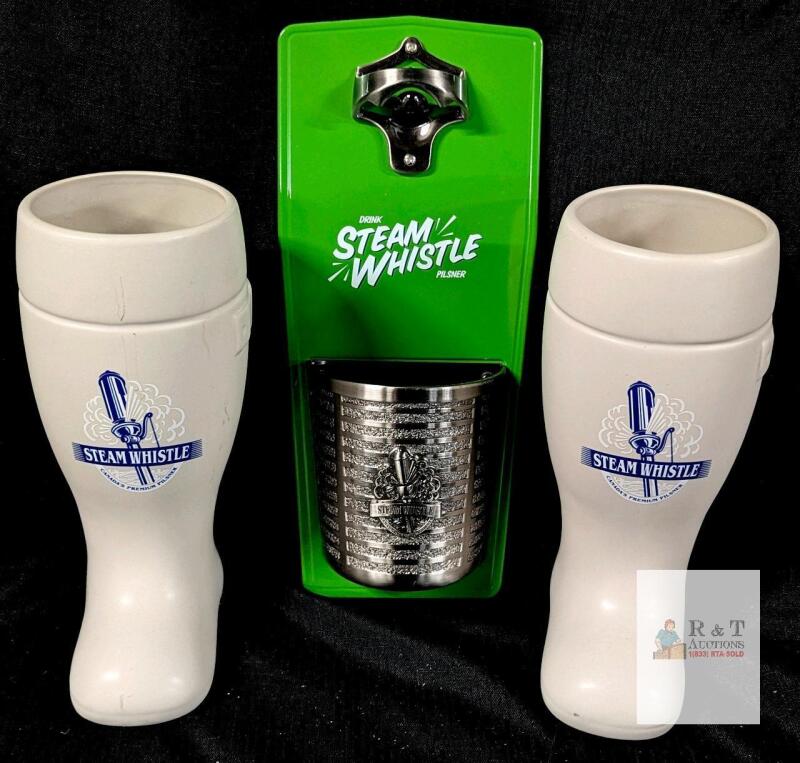 Steam Whistle Barware Set: 2 Ceramic Beer Boot Mugs (24oz) & Wall-Mount Bottle Opener