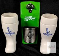 Steam Whistle Barware Set: 2 Ceramic Beer Boot Mugs (24oz) & Wall-Mount Bottle Opener