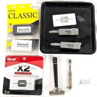 Vintage Schick Injector Razors, 40+ Wilkinson & Rexall DE Blades, Mixed Lot &mdash; includes Schick injector blade dispensers, two double edge safety razors with black and knurled handles, sealed Wilkinson Sword Classic and Rexall X2 blade packs, and loose blad
