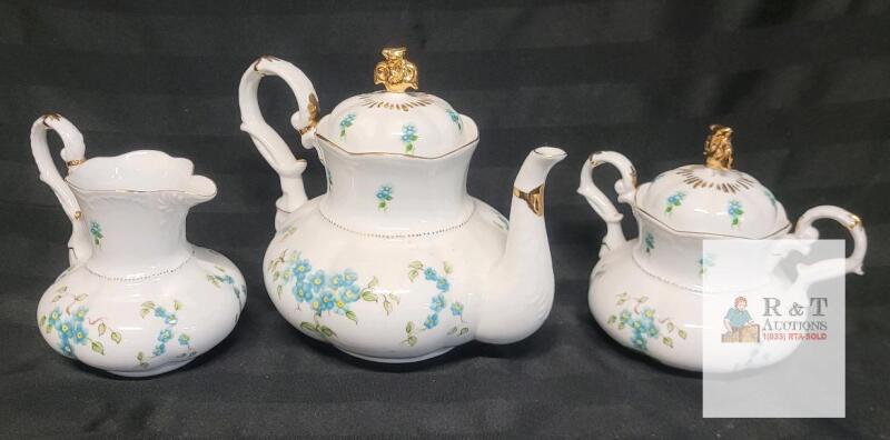 Lissi Kaplan Hand-Painted Porcelain Tea Set, Blue Floral, Gold Trim, Artist Signed, 3 Pcs