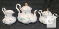 Lissi Kaplan Hand-Painted Porcelain Tea Set, Blue Floral, Gold Trim, Artist Signed, 3 Pcs