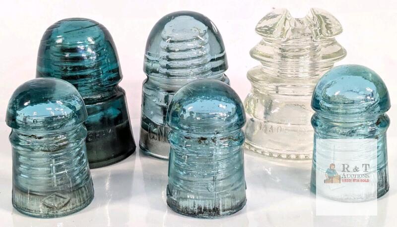 Hemingray Glass Insulator Lot (6), Pin-Type, Aqua & Clear, 1920s-50s, Telegraph/Power Line