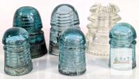 Hemingray Glass Insulator Lot (6), Pin-Type, Aqua & Clear, 1920s-50s, Telegraph/Power Line