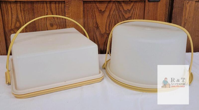 Vintage Tupperware Cake Carrier Set: Round & Rectangular, Yellow Handles, Snap Seals, Classic Logo