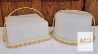 Vintage Tupperware Cake Carrier Set: Round & Rectangular, Yellow Handles, Snap Seals, Classic Logo