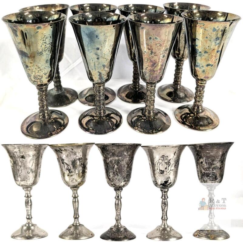 13 SUPER CO Silver-Plated EP Brass Goblets&mdash;8 Wine & 5 Cordial, Mid-Century, Engraved & Plain