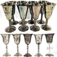 13 SUPER CO Silver-Plated EP Brass Goblets&mdash;8 Wine & 5 Cordial, Mid-Century, Engraved & Plain