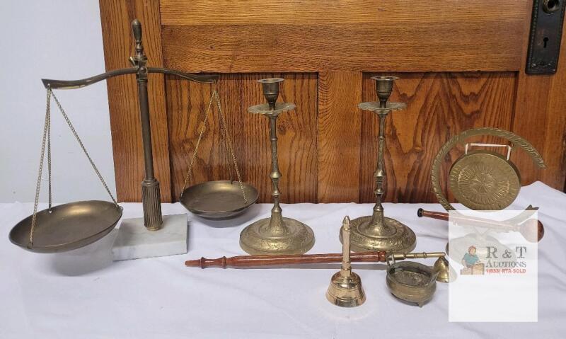 Vintage Brass Desk Set &ndash; Balance Scale, Candlesticks, Gong, Bell, Snuffer, Ashtray, Ornate Design