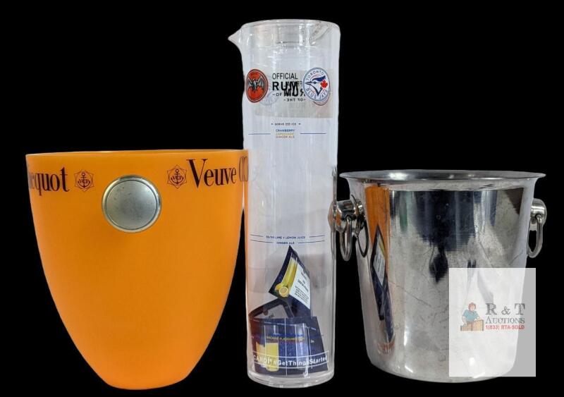 BARWARE LOT : Veuve Clicquot Champagne Ice Bucket, IKEA Stainless Ice Bucket, Bacardi Blue Jays Glass Pitcher